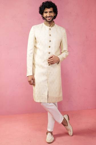 Vastramay men's Yellow sherwani set with cream pyjama - traditional wedding set