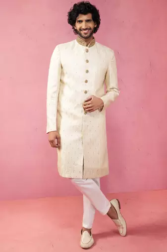 Vastramay men's Yellow sherwani set with cream pyjama - traditional wedding set