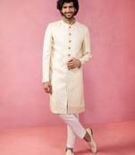 Vastramay Yellow sherwani set with cream pyjama - traditional wedding set