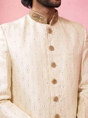 Yellow sherwani set with cream pyjama - traditional wedding set 2