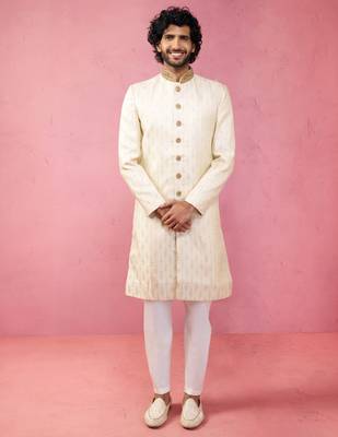 Yellow sherwani set with cream pyjama - traditional wedding set 3