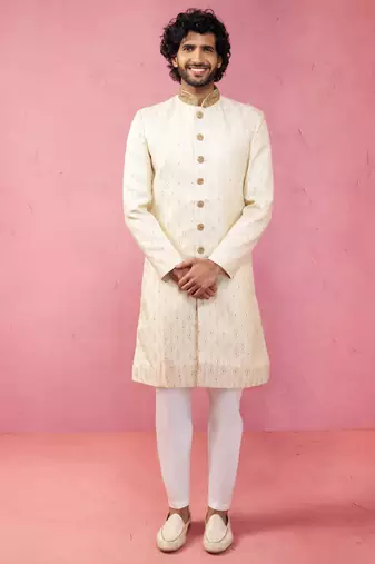 Yellow sherwani set with cream pyjama - traditional wedding set