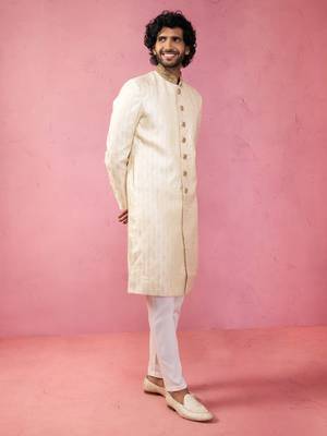 Yellow sherwani set with cream pyjama - traditional wedding set 4