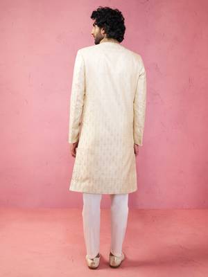 Yellow sherwani set with cream pyjama - traditional wedding set 5
