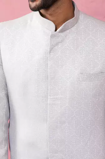 Blue silk blend sherwani set with cream pyjama - kenzo jacquard wedding set