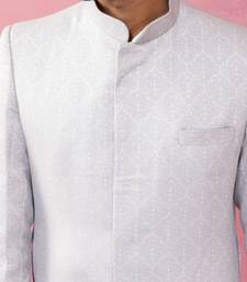 Vastramay Blue silk blend sherwani set with cream pyjama - kenzo jacquard wedding set