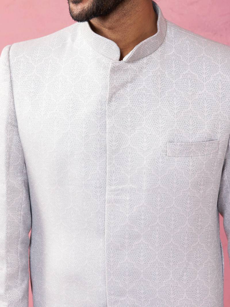 Vastramay men's Blue silk blend sherwani set with cream pyjama - kenzo jacquard wedding set