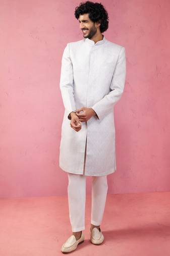 Vastramay men's Blue silk blend sherwani set with cream pyjama - kenzo jacquard wedding set