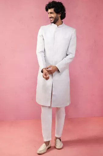 Vastramay men's Blue silk blend sherwani set with cream pyjama - kenzo jacquard wedding set