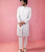 Vastramay Blue silk blend sherwani set with cream pyjama - kenzo jacquard wedding set