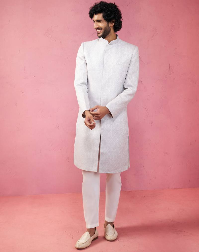 Vastramay men's Blue silk blend sherwani set with cream pyjama - kenzo jacquard wedding set