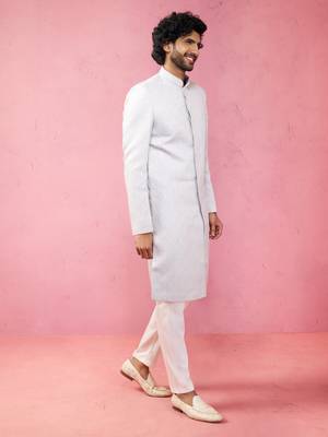 Blue silk blend sherwani set with cream pyjama - kenzo jacquard wedding set 3