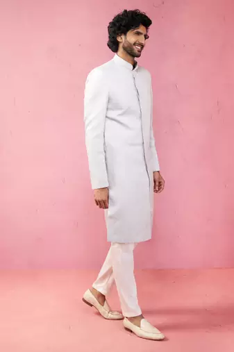 Blue silk blend sherwani set with cream pyjama - kenzo jacquard wedding set