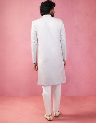 Blue silk blend sherwani set with cream pyjama - kenzo jacquard wedding set 4