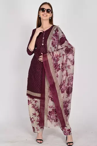 Wine cotton blend printed ready to wear patiala salwar suit