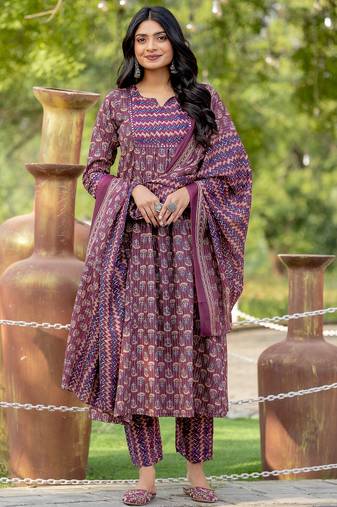Women's cotton blend jaipuri printed kurta & pant with dupatta
