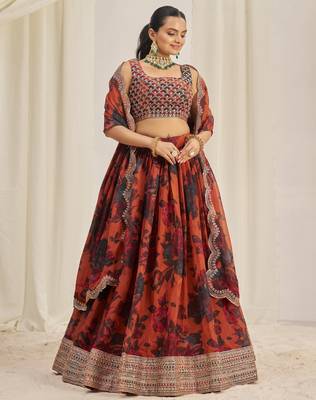 ORANGE ZARI SEQUINS EMBROIDEREY FLORAL PRINTED ORGANZA LEHENGA CHOLI 7