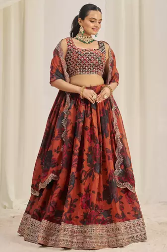 ORANGE ZARI SEQUINS EMBROIDEREY FLORAL PRINTED ORGANZA LEHENGA CHOLI