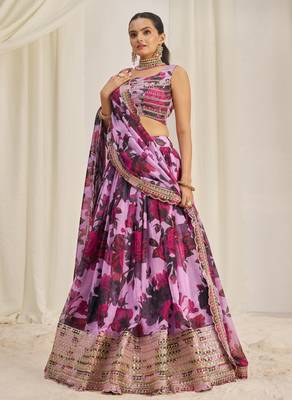 BABY PINK ZARI SEQUINS EMBROIDEREY FLORAL PRINTED ORGANZA LEHENGA CHOLI 7