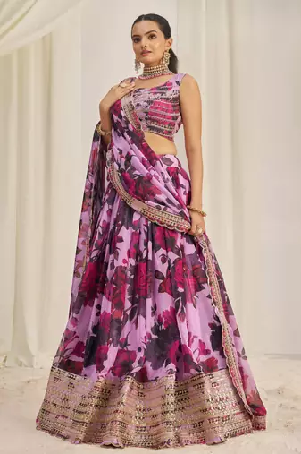 BABY PINK ZARI SEQUINS EMBROIDEREY FLORAL PRINTED ORGANZA LEHENGA CHOLI