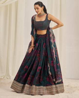 TEAL BLUE ZARI SEQUINS EMBROIDEREY FLORAL PRINTED ORGANZA LEHENGA CHOLI 7