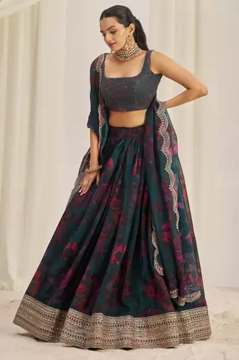 TEAL BLUE ZARI SEQUINS EMBROIDEREY FLORAL PRINTED ORGANZA LEHENGA CHOLI