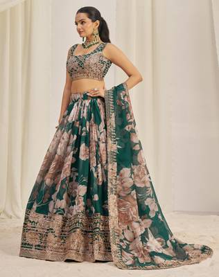 DARK GREEN ZARI SEQUINS EMBROIDERY FLORAL PRINTED ORGANZA LEHENGA CHOLI 4