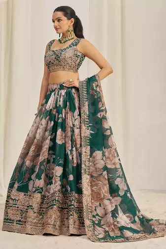 DARK GREEN ZARI SEQUINS EMBROIDERY FLORAL PRINTED ORGANZA LEHENGA CHOLI