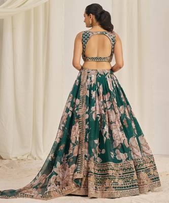 DARK GREEN ZARI SEQUINS EMBROIDERY FLORAL PRINTED ORGANZA LEHENGA CHOLI 5