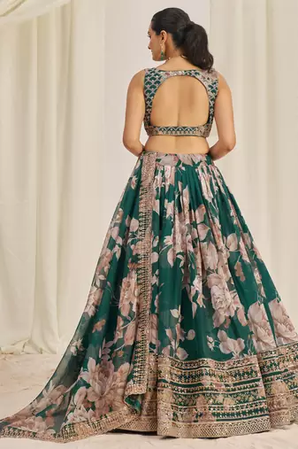 DARK GREEN ZARI SEQUINS EMBROIDERY FLORAL PRINTED ORGANZA LEHENGA CHOLI