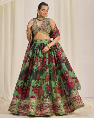 PARROT GREEN ZARI SEQUINS EMBROIDEREY FLORAL PRINTED ORGANZA LEHENGA CHOLI 7