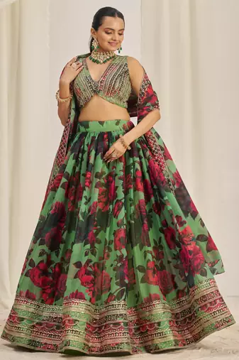 PARROT GREEN ZARI SEQUINS EMBROIDEREY FLORAL PRINTED ORGANZA LEHENGA CHOLI