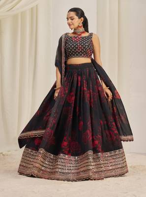BLACK ZARI SEQUINS EMBROIDEREY FLORAL PRINTED ORGANZA LEHENGA CHOLI 7