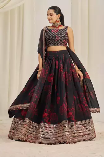 BLACK ZARI SEQUINS EMBROIDEREY FLORAL PRINTED ORGANZA LEHENGA CHOLI