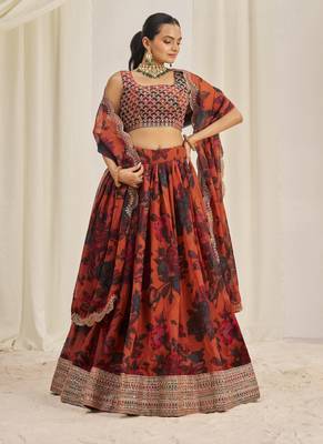 ORANGE ZARI SEQUINS EMBROIDEREY FLORAL PRINTED ORGANZA LEHENGA CHOLI 8
