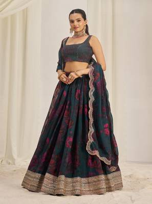 TEAL BLUE ZARI SEQUINS EMBROIDEREY FLORAL PRINTED ORGANZA LEHENGA CHOLI 8