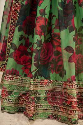 PARROT GREEN ZARI SEQUINS EMBROIDEREY FLORAL PRINTED ORGANZA LEHENGA CHOLI 8