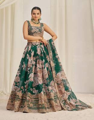 DARK GREEN ZARI SEQUINS EMBROIDERY FLORAL PRINTED ORGANZA LEHENGA CHOLI 6
