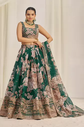 DARK GREEN ZARI SEQUINS EMBROIDERY FLORAL PRINTED ORGANZA LEHENGA CHOLI
