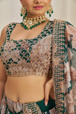 DARK GREEN ZARI SEQUINS EMBROIDERY FLORAL PRINTED ORGANZA LEHENGA CHOLI 7