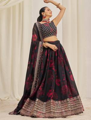 BLACK ZARI SEQUINS EMBROIDEREY FLORAL PRINTED ORGANZA LEHENGA CHOLI 8