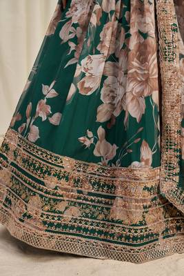 DARK GREEN ZARI SEQUINS EMBROIDERY FLORAL PRINTED ORGANZA LEHENGA CHOLI 8