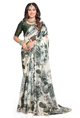 Off white & green orgenza digitial printed with zircon work saree and blouse 1