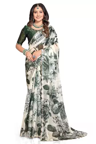 Off white & green color orgenza digitial printed with zircon work saree and blouse
