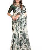 Off white & green color orgenza digitial printed with zircon work saree and blouse