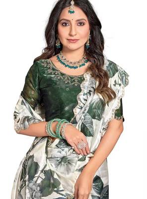 Off white & green orgenza digitial printed with zircon work saree and blouse 2