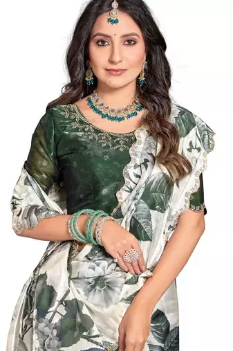 Off white & green orgenza digitial printed with zircon work saree and blouse