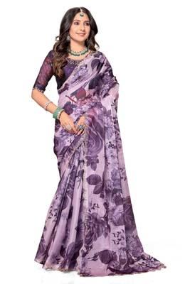 Purple color orgenza digitial printed with zircon work saree and blouse 1
