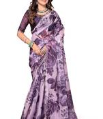 Purple color orgenza digitial printed with zircon work saree and blouse