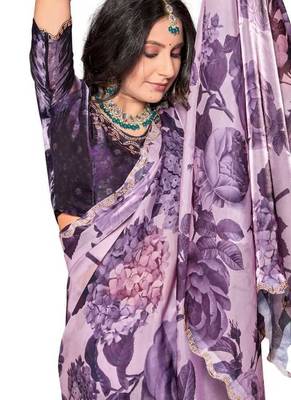 Purple color orgenza digitial printed with zircon work saree and blouse 2